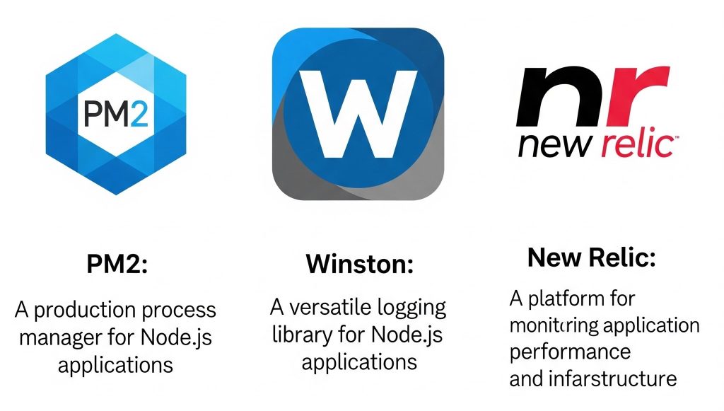 Side-by-side icons of PM2, Winston, New Relic for visual tech stack representation.