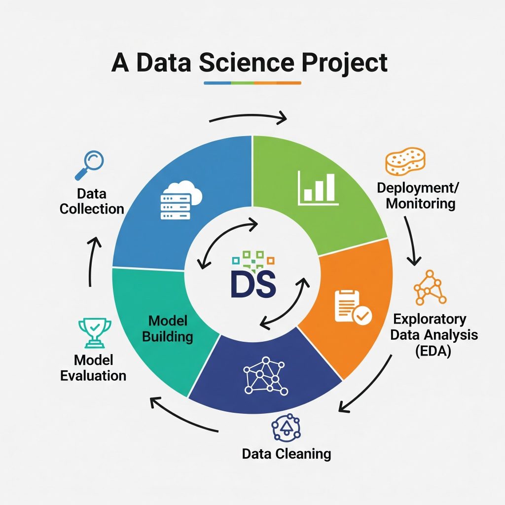 Pie chart or infographic showing the lifecycle of a data science project.