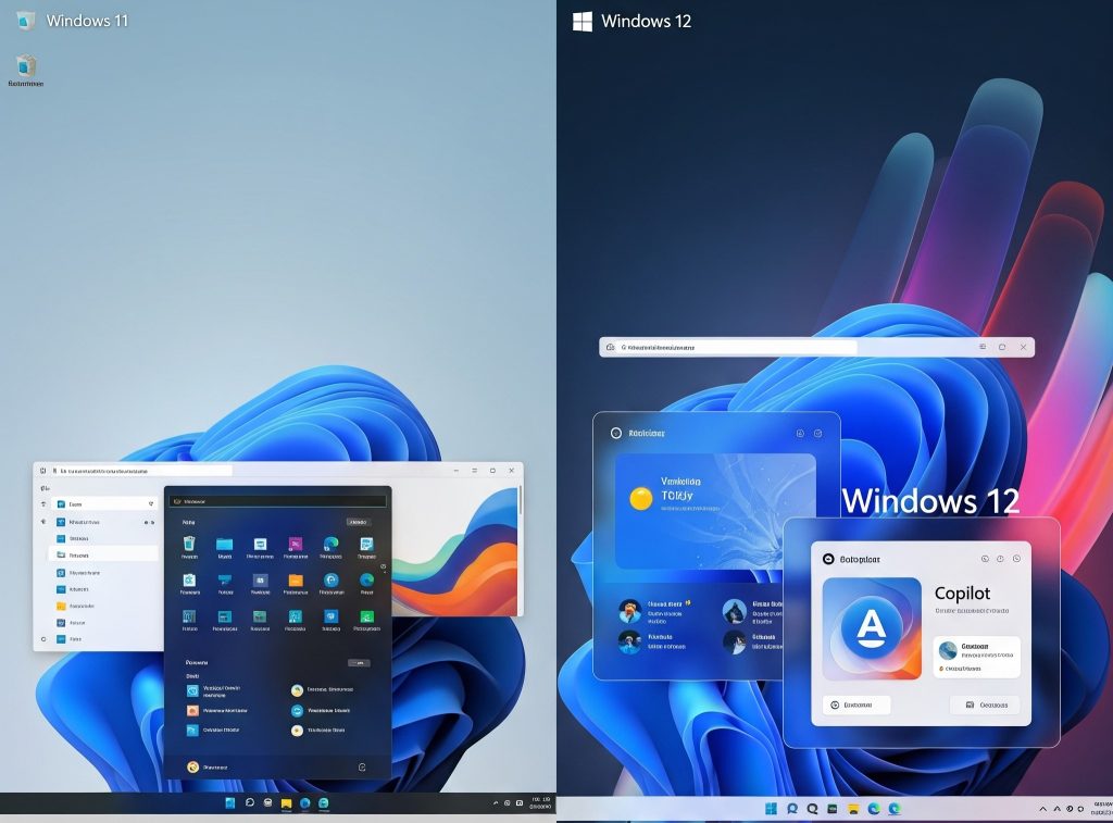 Side-by-side comparison of Windows 11 vs. Windows 12 leaked UI (mockup style)