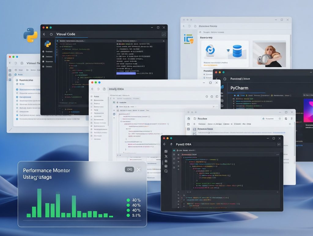 Illustration showing multiple IDEs running smoothly on Windows 12 (CPU/RAM usage UI)
