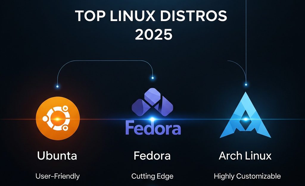 Graphic comparing logos of Ubuntu, Fedora, and Arch with title "Top Linux Distros 2025" in a modern tech style.