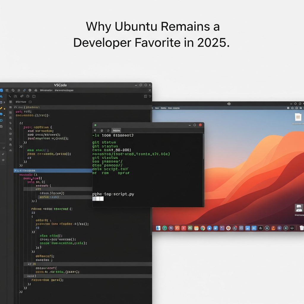 Side-by-side view of VSCode, terminal, and Ubuntu desktop with text overlay: “Why Ubuntu Remains a Developer Favorite in 2025.”