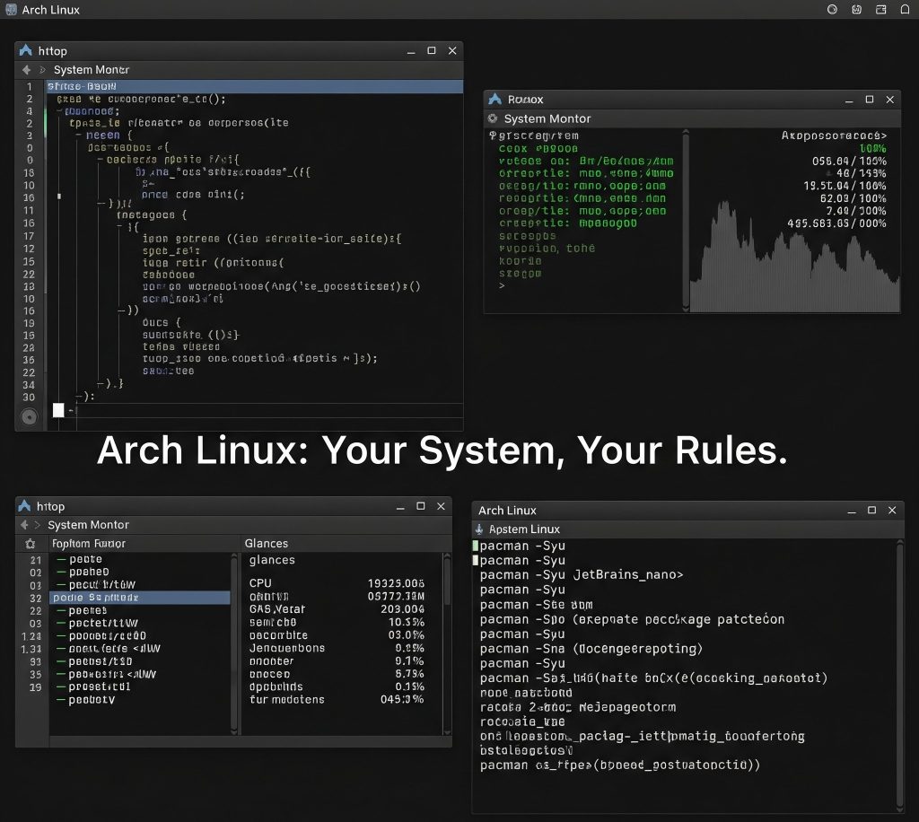 Dark-themed terminal showing Arch install script and i3 window manager setup. Text: “Master the Art of Linux with Arch.”