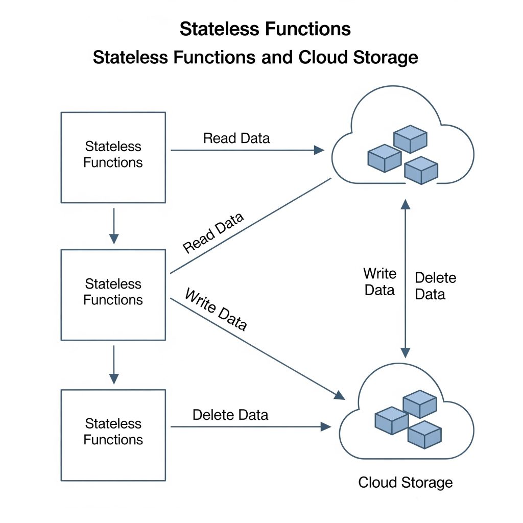 Diagram showing stateless functions interacting with cloud storage.