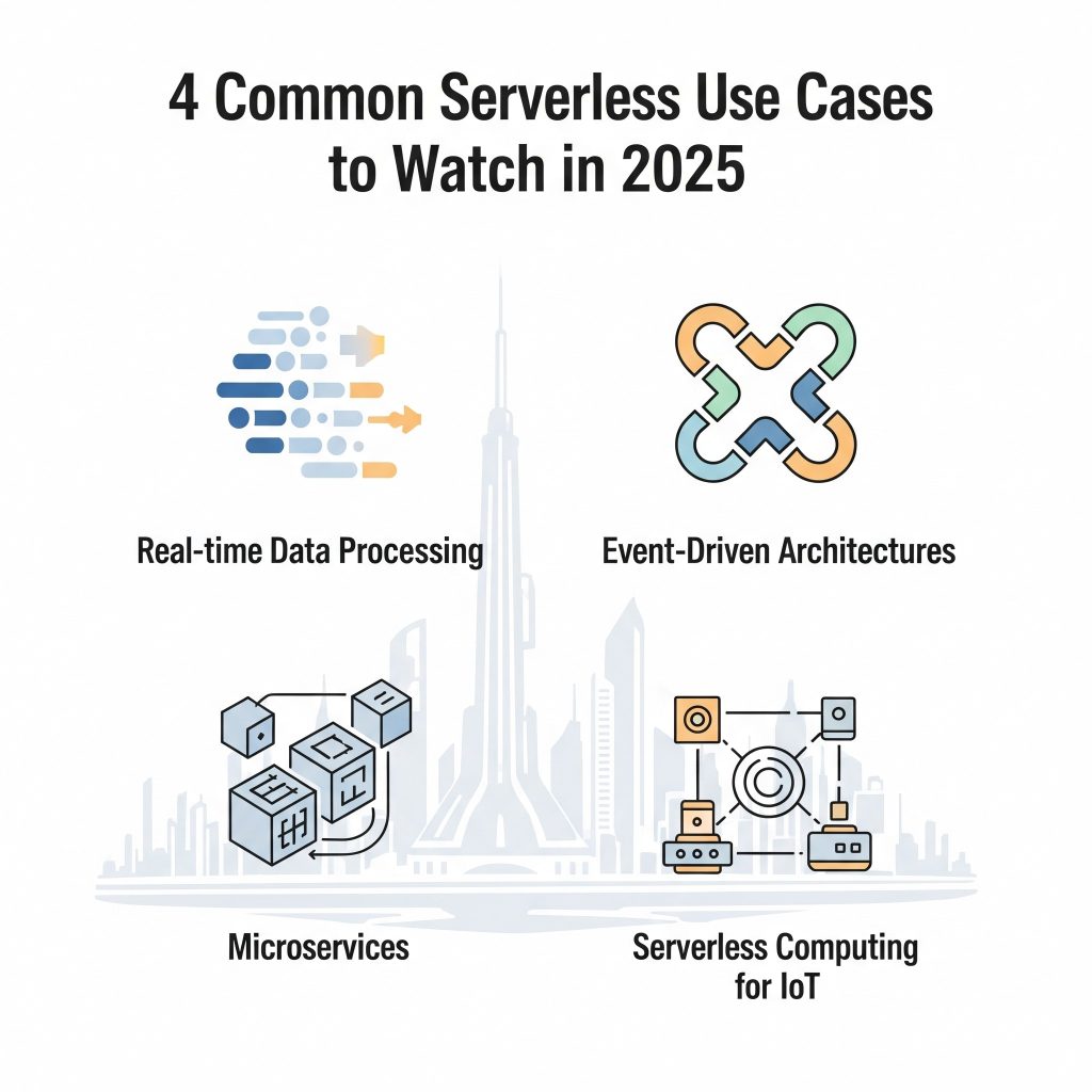 Infographic showcasing 4 common use cases with icons. -Serverless Use Cases to Watch in 2025