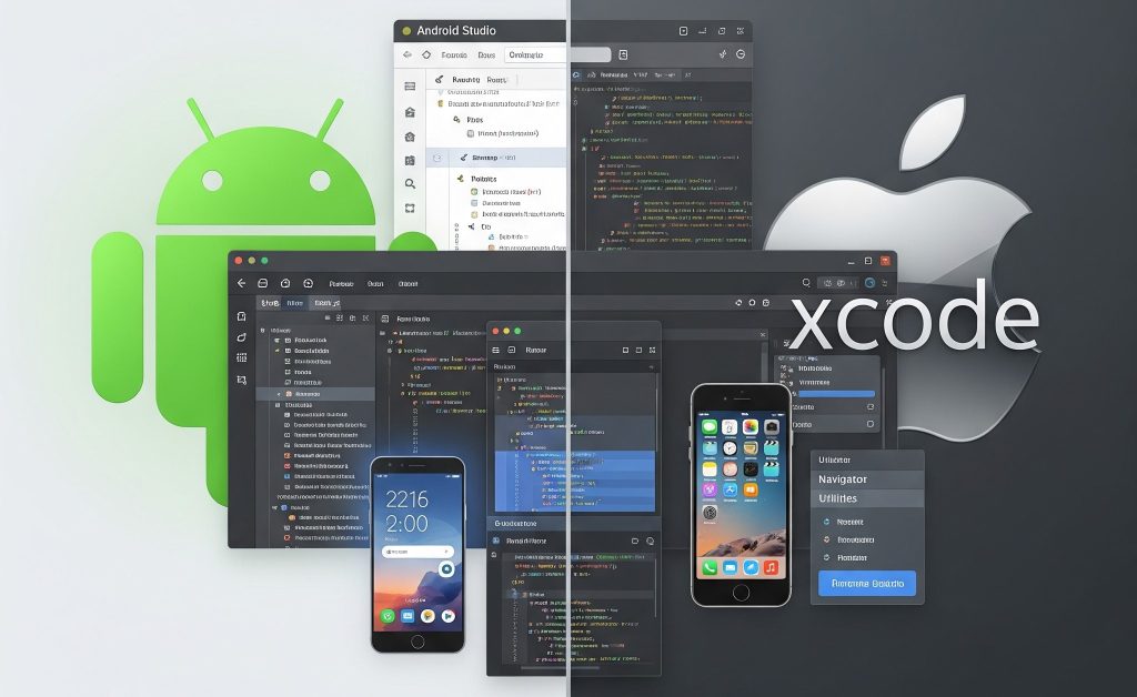 Use side-by-side IDE UI comparison – Android Studio vs. Xcode.