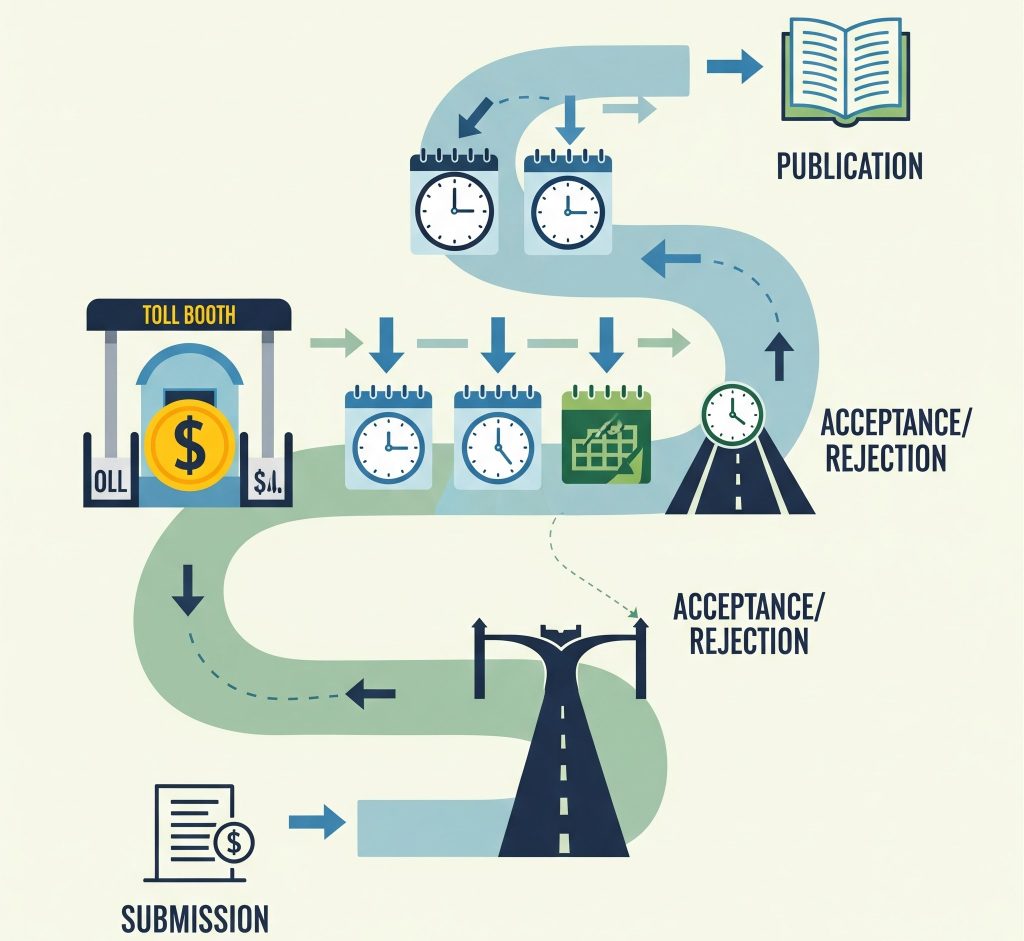 Use bar chart comparing publishing fees and review timelines.