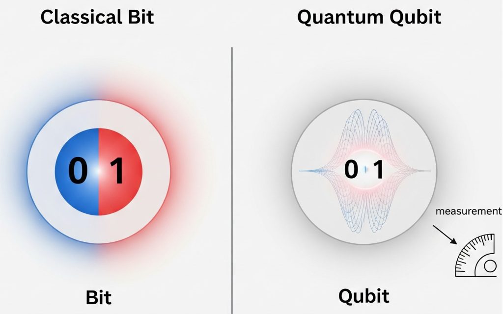 Image of classical bit vs quantum qubit with split diagram showing 0/1 vs superposition (tag: "Quantum Basics")