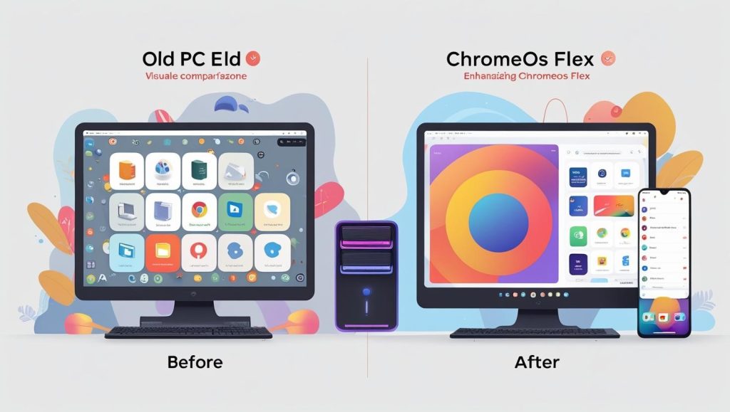 A comparison image of an old PC before and after installing ChromeOS Flex.