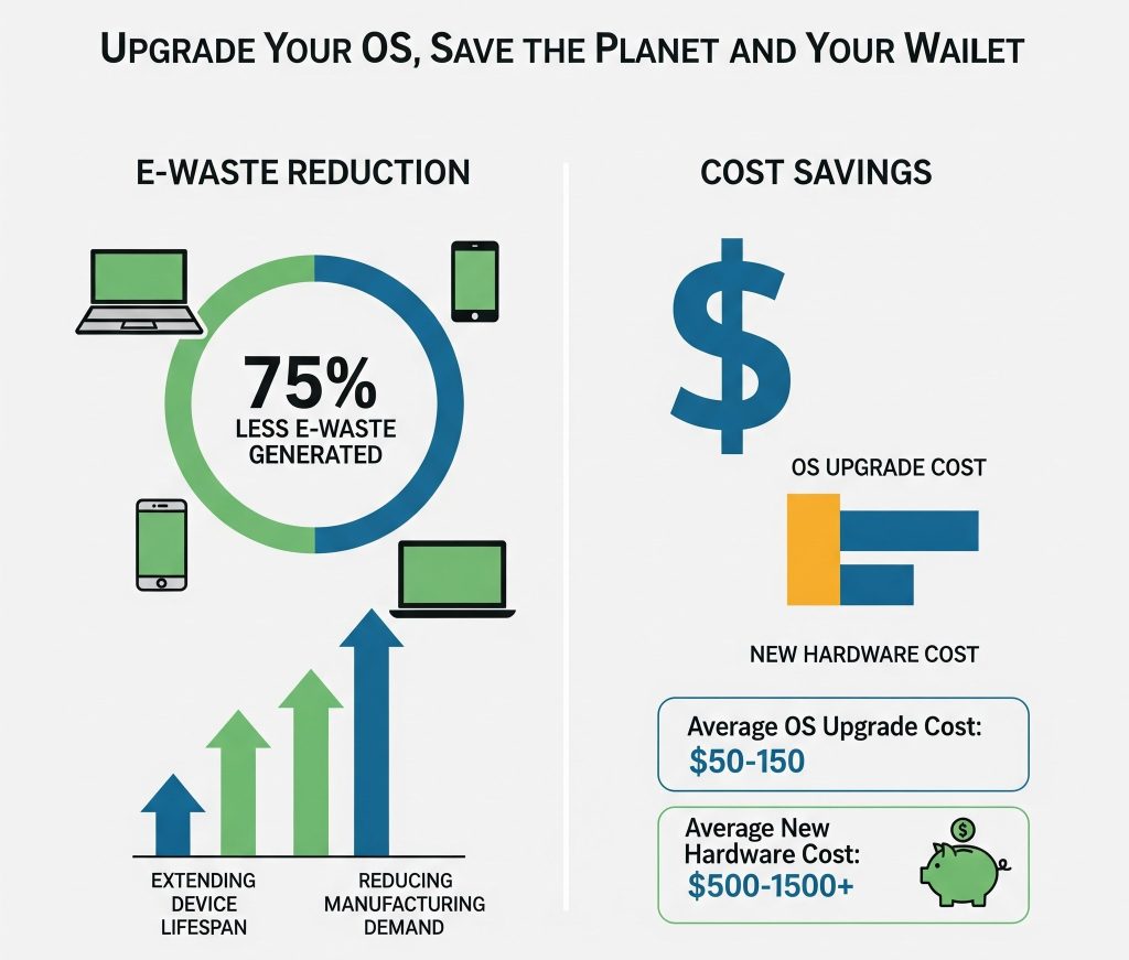 Infographic showing e-waste reduction and cost savings.