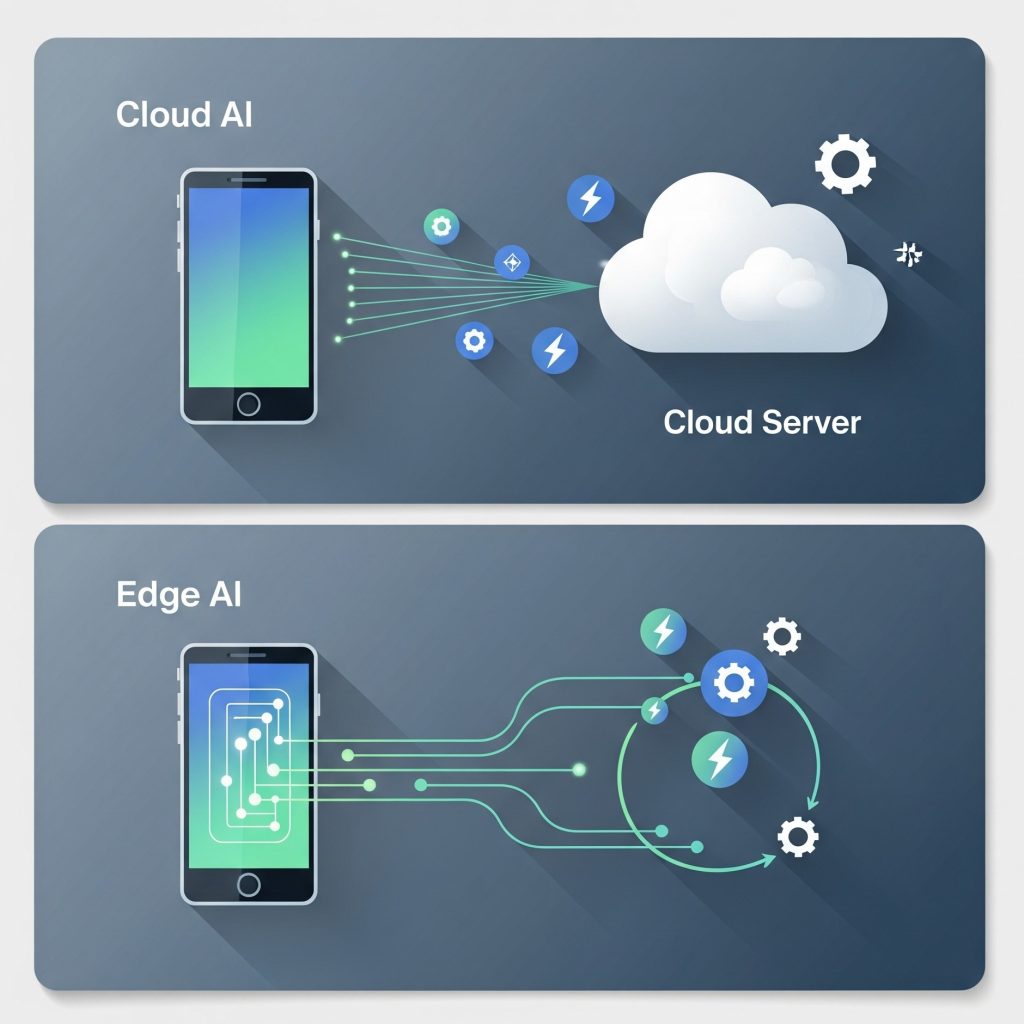 Illustration of cloud AI vs edge AI (A two-panel infographic showing data flowing to the cloud vs staying on the device).