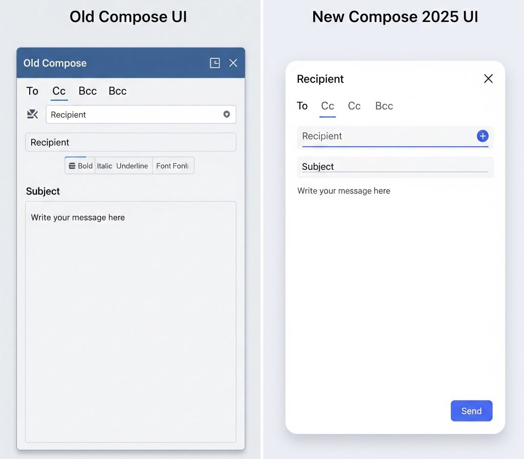 Create a split image showing "Old Compose UI vs. New Compose 2025 UI"
