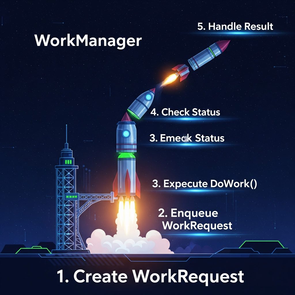 Here is another innovative infographic that uses the metaphor of a multi-stage rocket launch to visualize the WorkManager lifecycle: