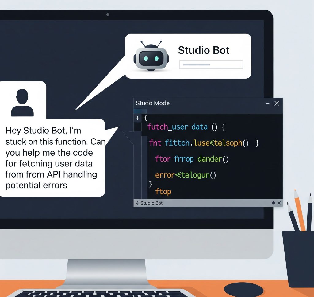 Conversation style graphic: Developer asking Studio Bot → Code suggestion appears.