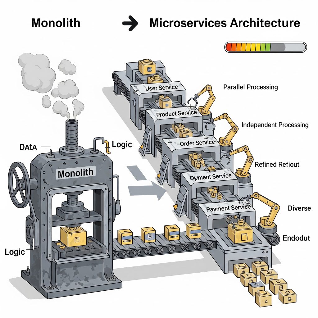 illustrate Monolith → Microservices architecture.