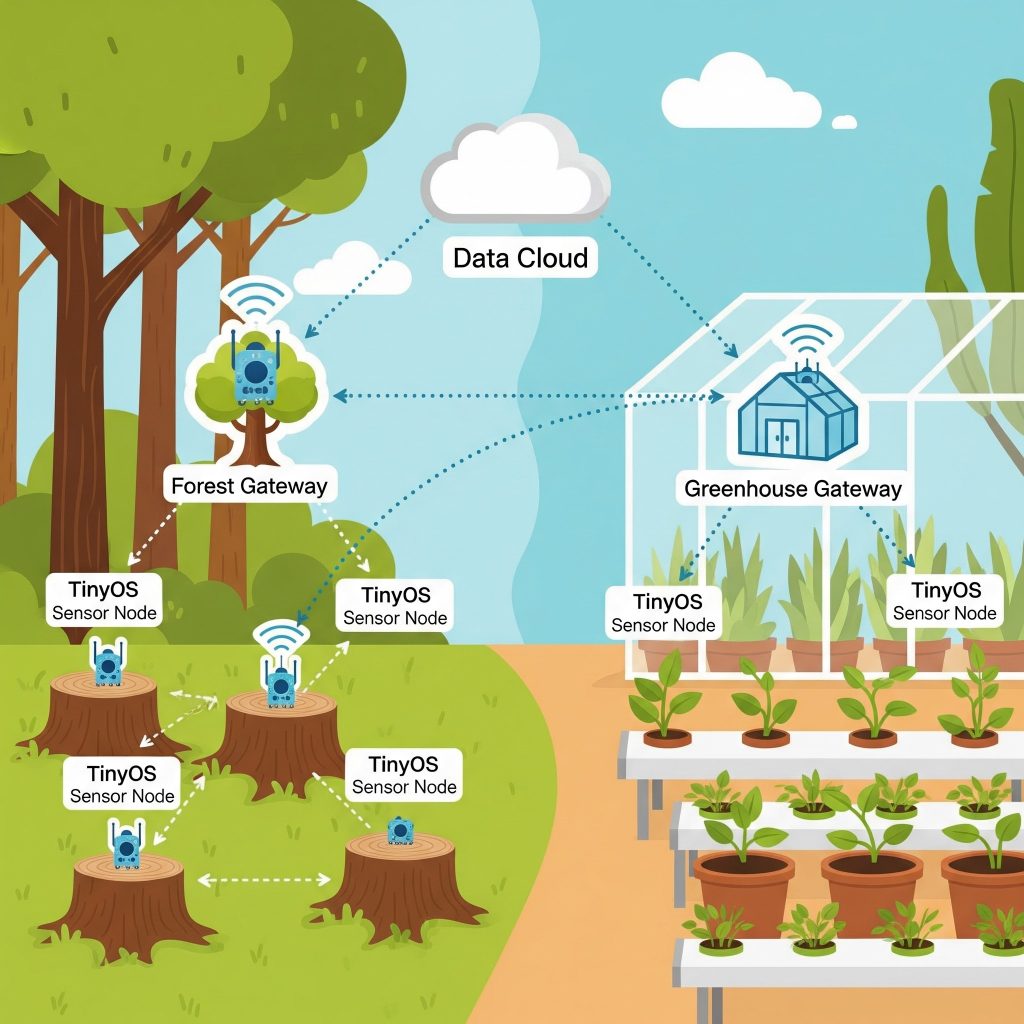 Illustration showing a network of IoT sensors using TinyOS in a forest or greenhouse setup.