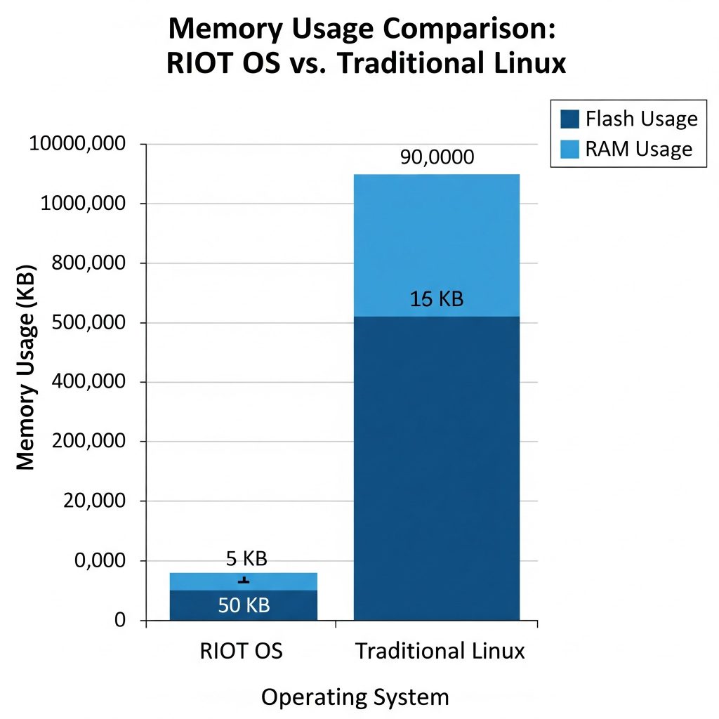 Graph showing memory usage comparison between RIOT OS and traditional Linux.