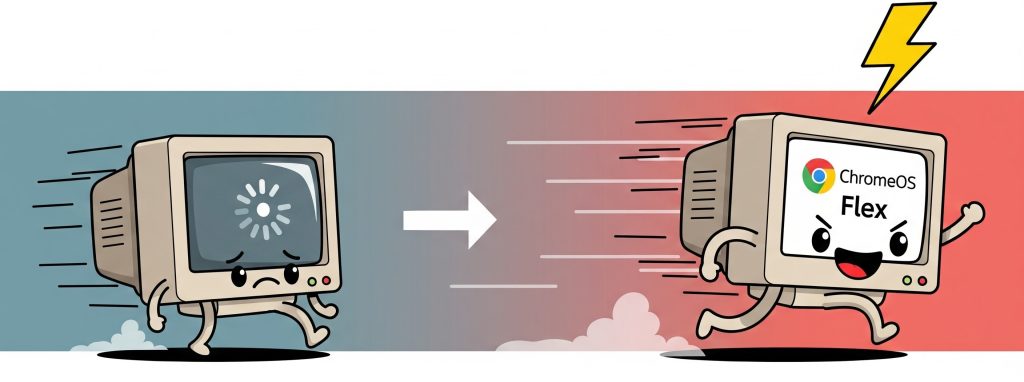 Productivity Boost Graphic → Employees working faster on old devices upgraded with ChromeOS Flex