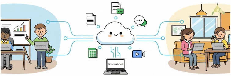 Team Collaboration Visual → Hybrid team accessing cloud apps via ChromeOS Flex laptops